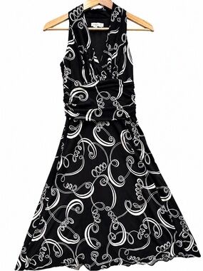 London Times Black and White Swirl Midi Dress Sundress Summer Boho Date Night 🌻